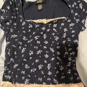 Floral Navy Blue Top with Lace Trim